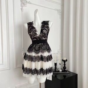 Elegant European Black and White Lace Dress